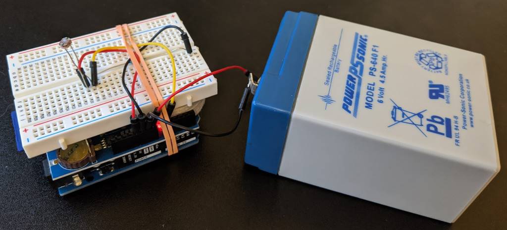 The Arduino 'stack' connected to a battery