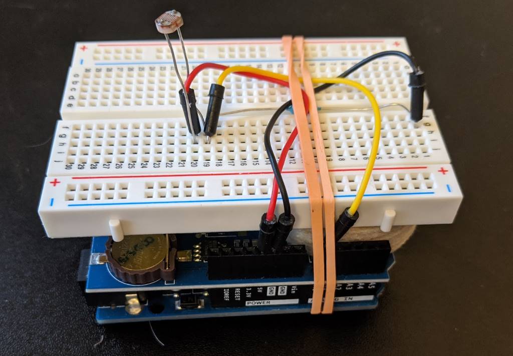 Arduino plus shield plus breadboard secured in a tower