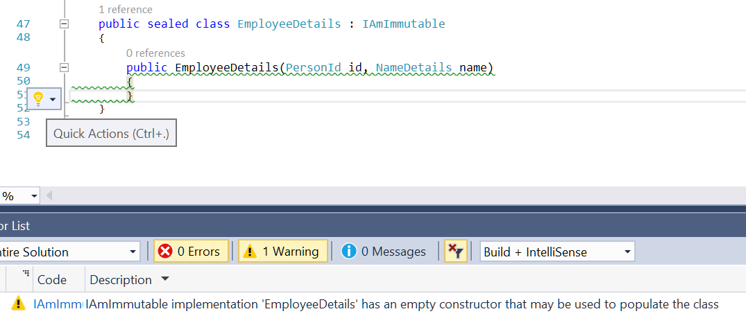 Screenshot showing the analyser identifying an empty constructor on an IAmImmutable implementation