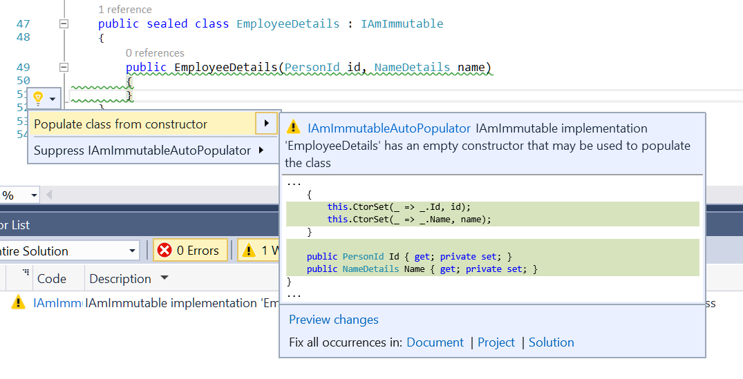 Screenshot showing the code fix that may auto-populate the incomplete IAmImmutable implementation