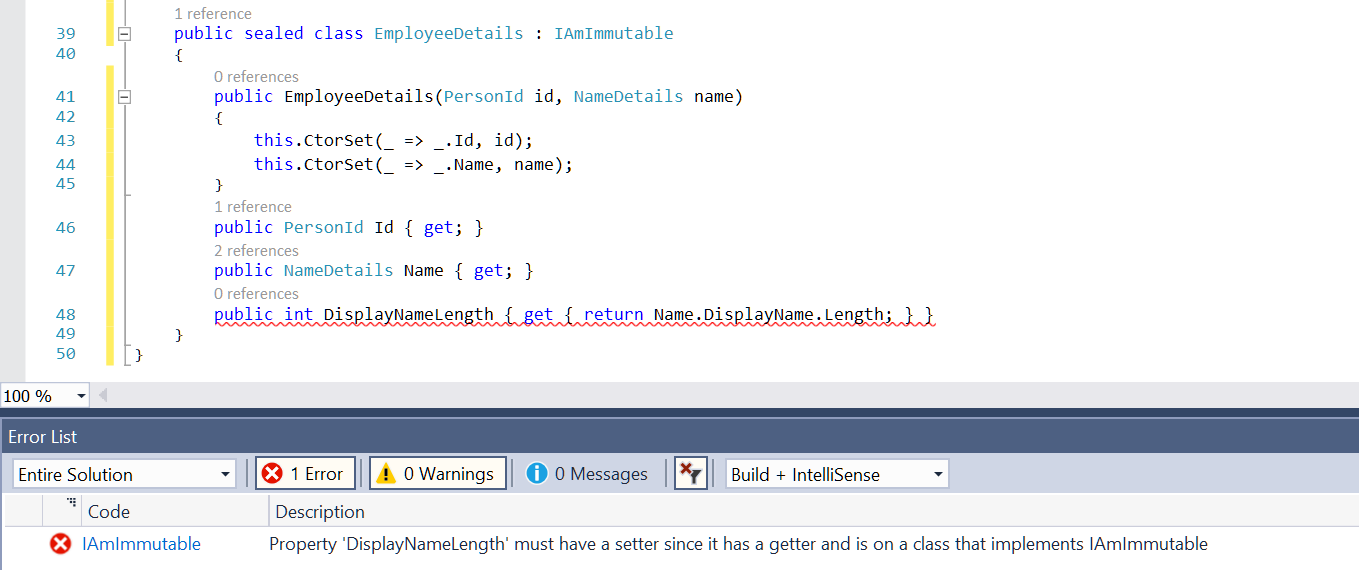 Example analyser errors raised by the ProductiveRage.Immutable library