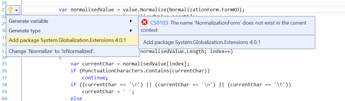 NormalizationForm exists in the System.Globalization.Extensions package for .NET Core