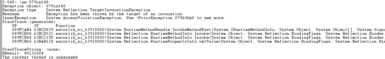 WinDbg PrintException TargetInvocationException